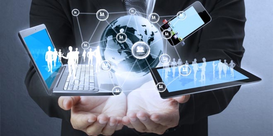 man holding globe/technology